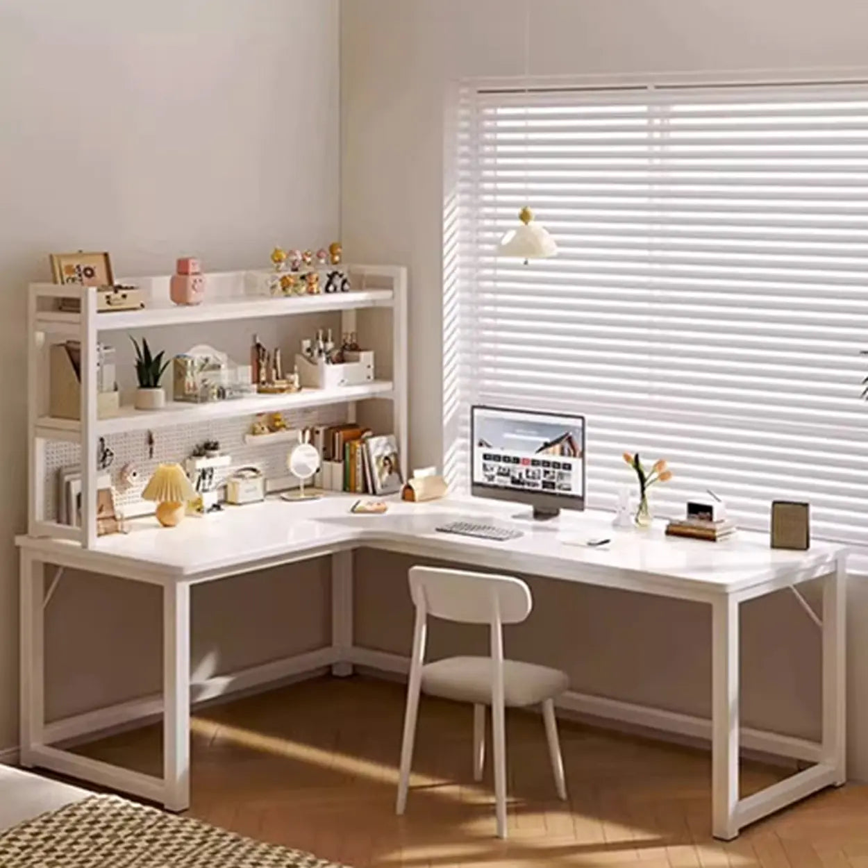 White Wood H-Base L-Shape Writing Desk — Right Hand Return / Table Only