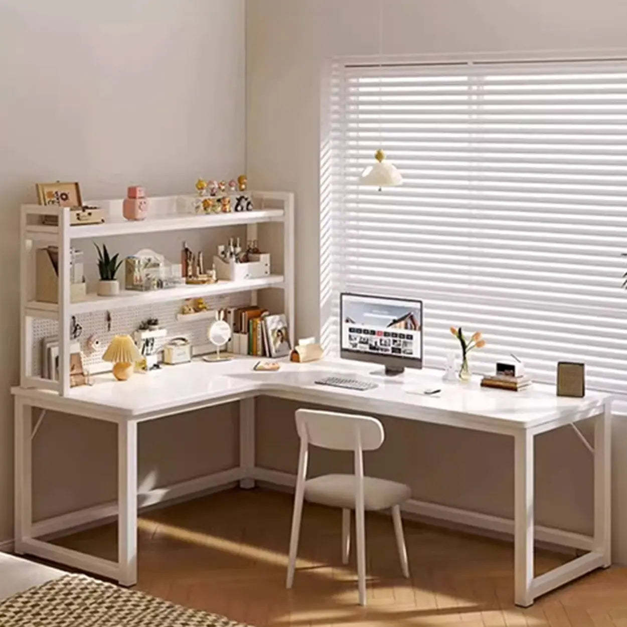 White Wood H-Base L-Shape Writing Desk — Right Hand Return / Table Only