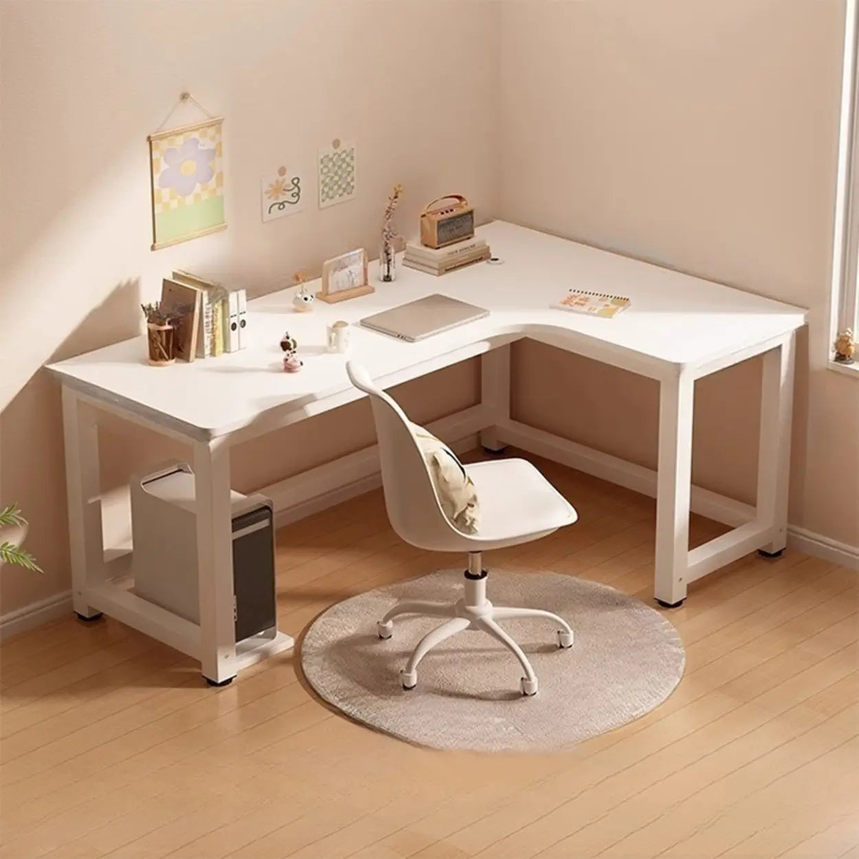 White Wood H-Base L-Shape Writing Desk — Left Hand Return / Table Only