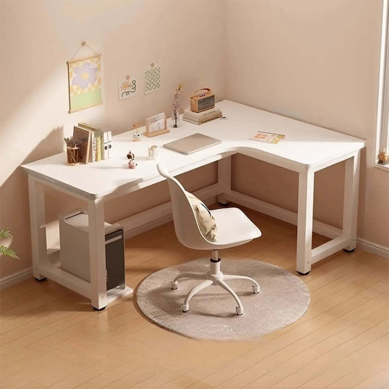 White Wood H-Base L-Shape Writing Desk — Left Hand Return / Table Only