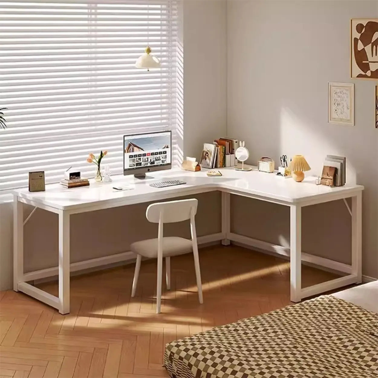 White Wood H-Base L-Shape Writing Desk — Right Hand Return / Table Only