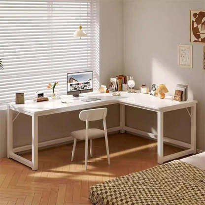 White Wood H-Base L-Shape Writing Desk — Right Hand Return / Table Only
