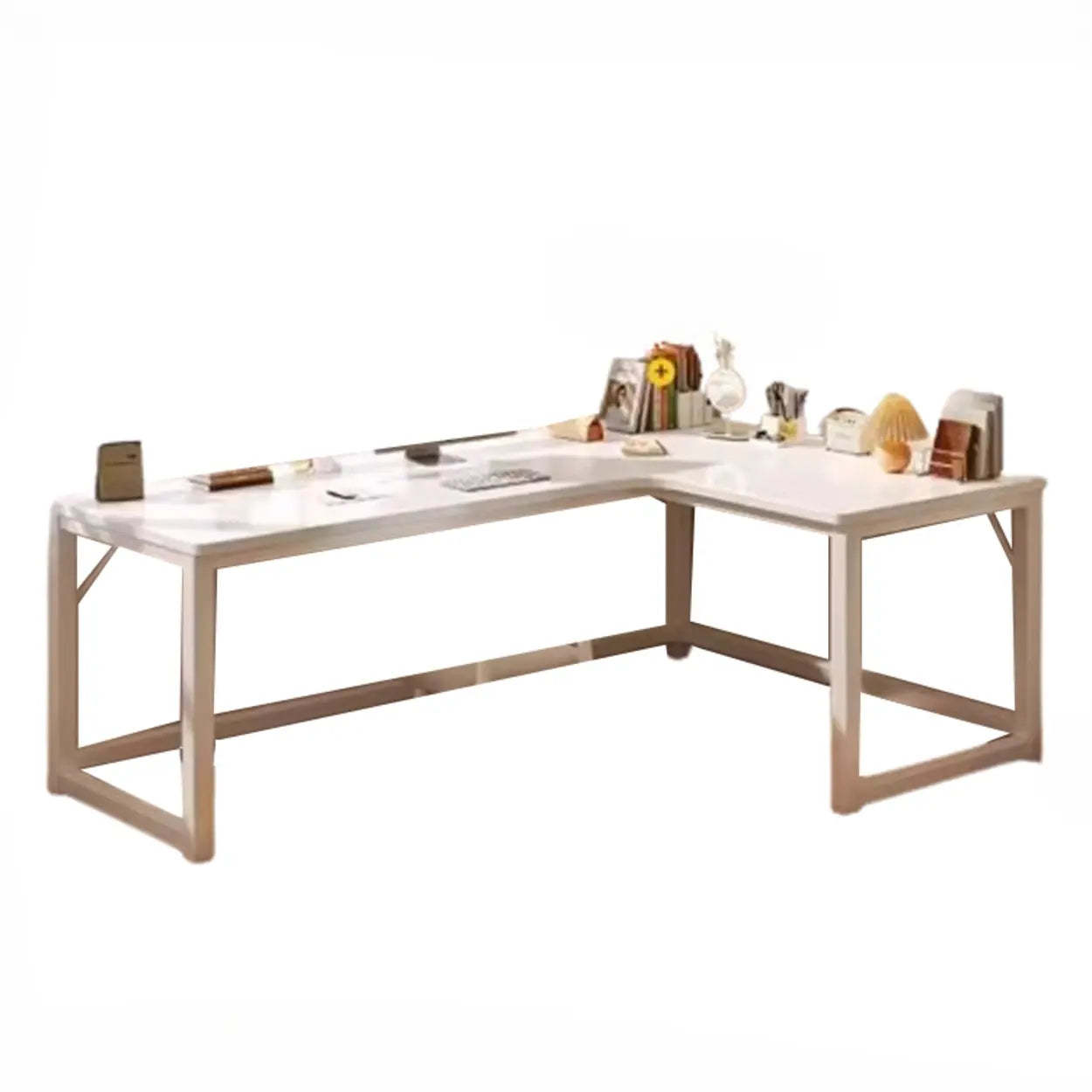 White Wood H-Base L-Shape Writing Desk — Left Hand Return / Table Only