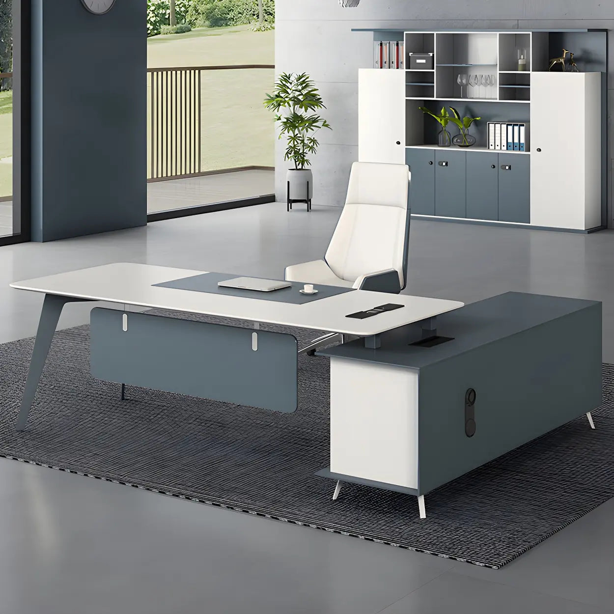White Wood L-Shape Executive Desk with Cable Management