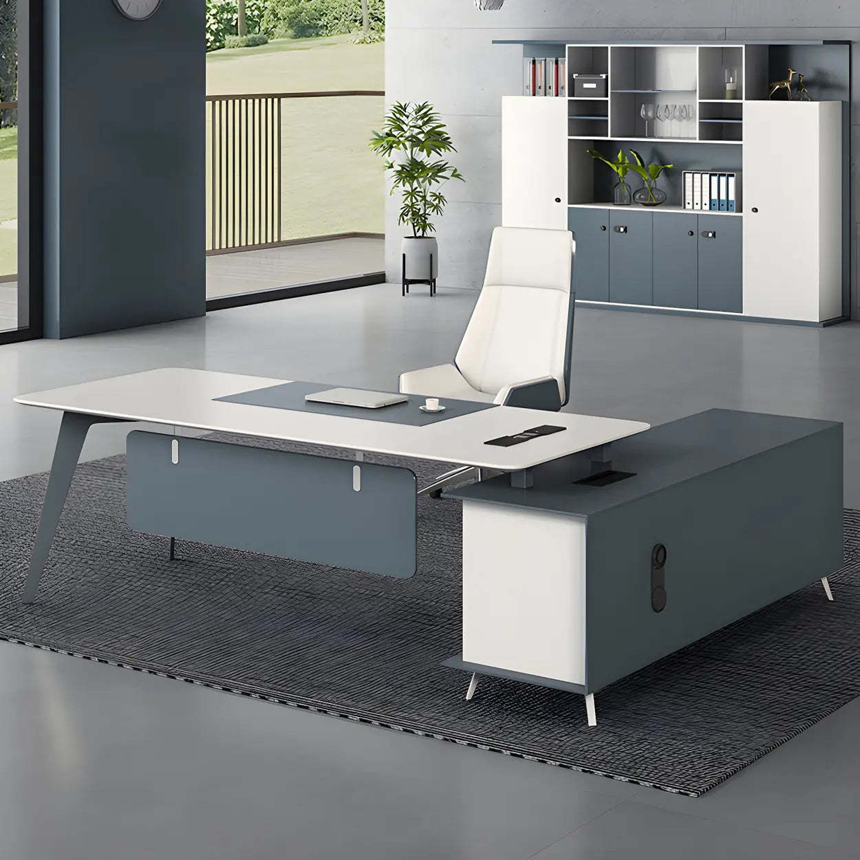 White Wood L-Shape Executive Desk with Cable Management — Table Only