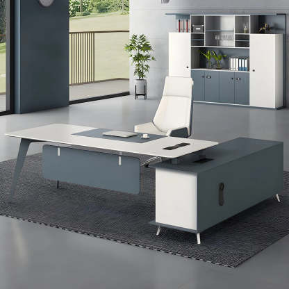 White Wood L-Shape Executive Desk with Cable Management — Table Only