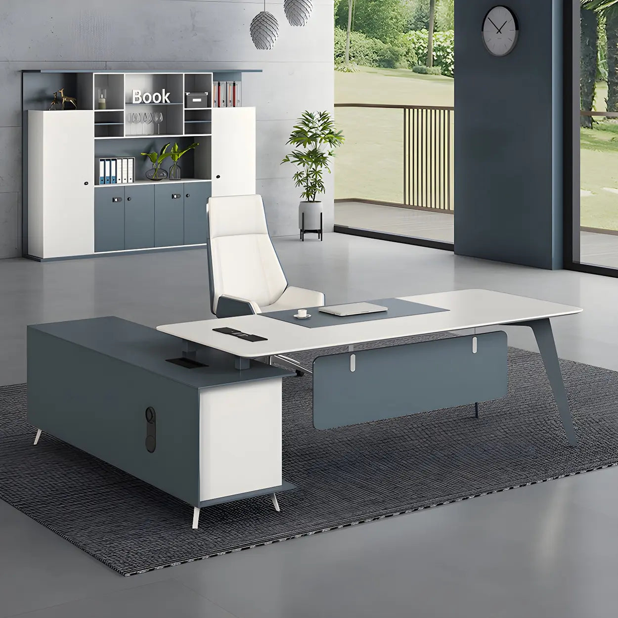 White Wood L-Shape Executive Desk with Cable Management