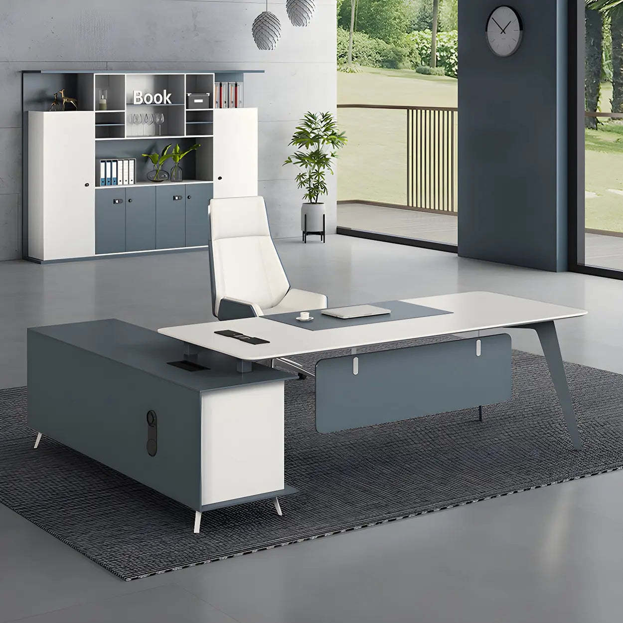 White Wood L-Shape Executive Desk with Cable Management