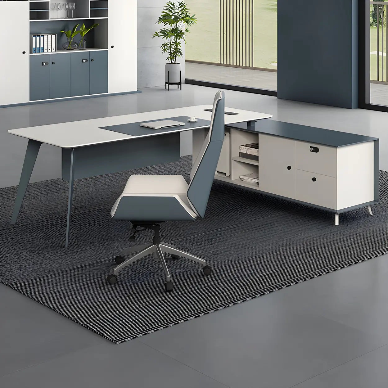 White Wood L-Shape Executive Desk with Cable Management — Table Only