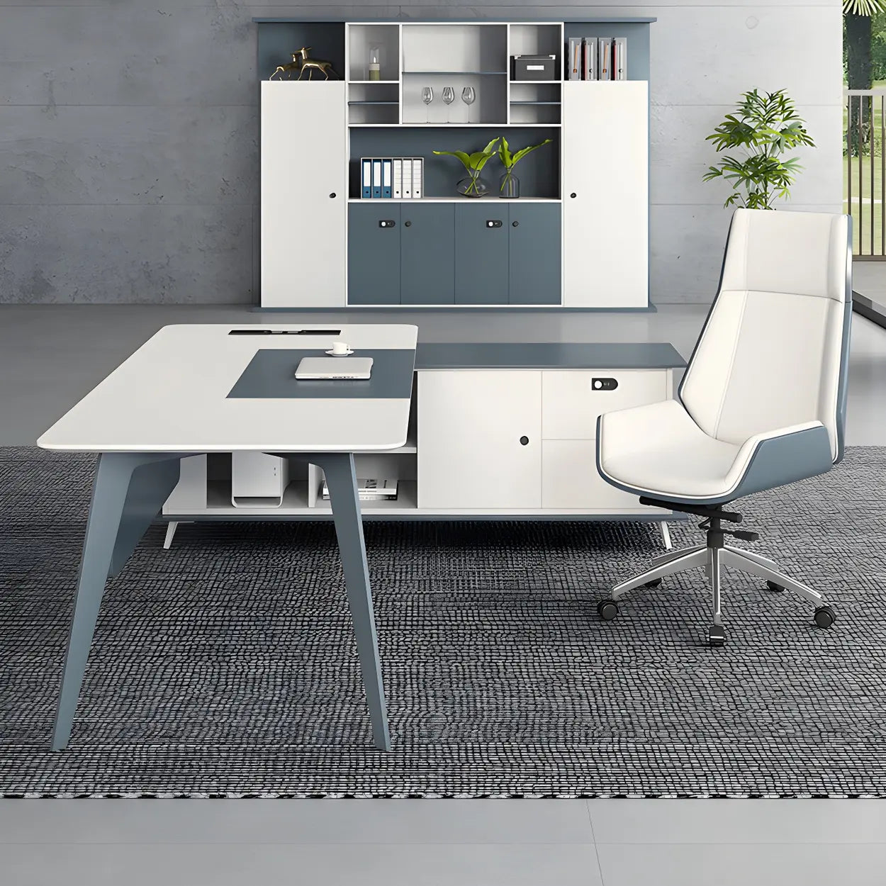 White Wood L-Shape Executive Desk with Cable Management — Table Only