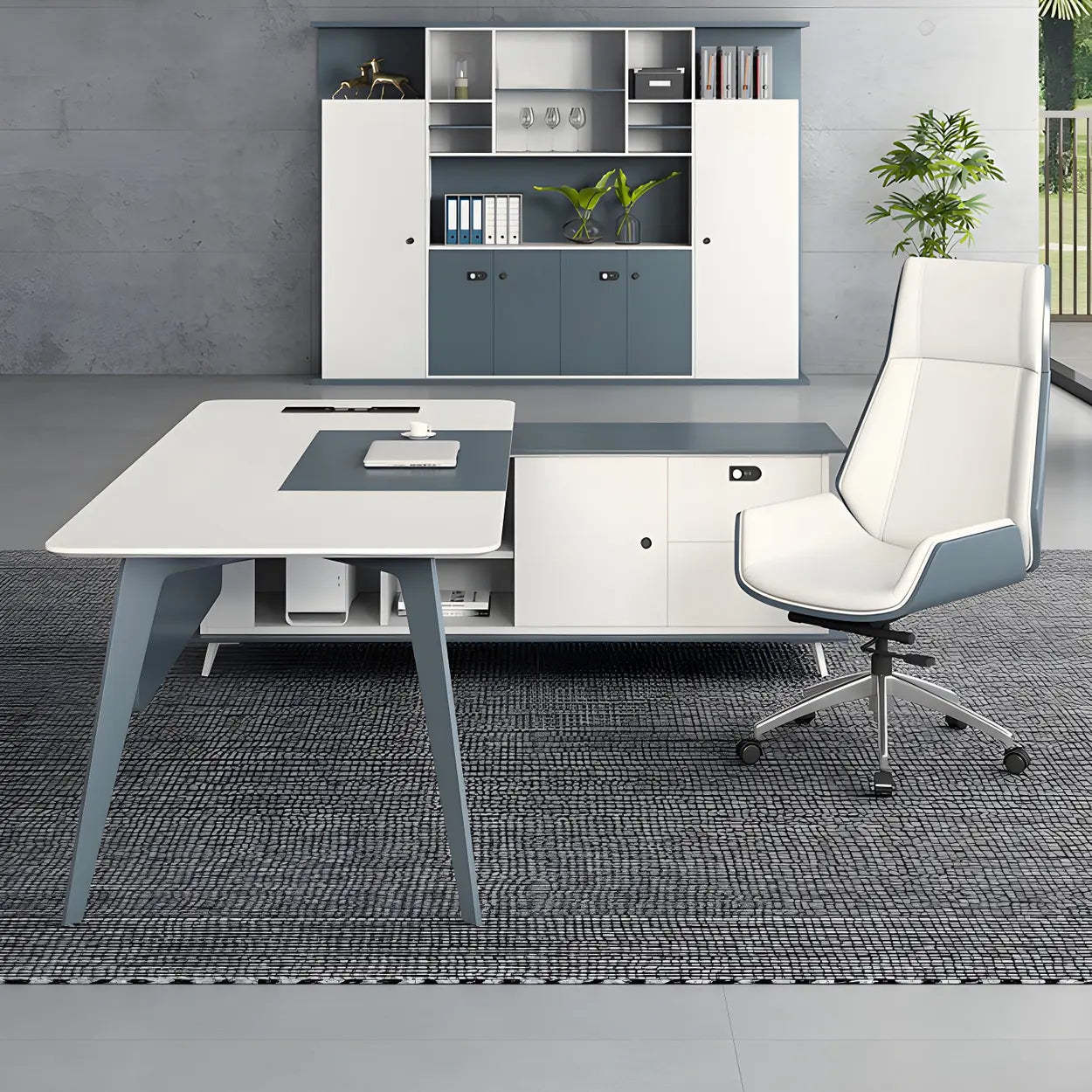 White Wood L-Shape Executive Desk with Cable Management — Table Only