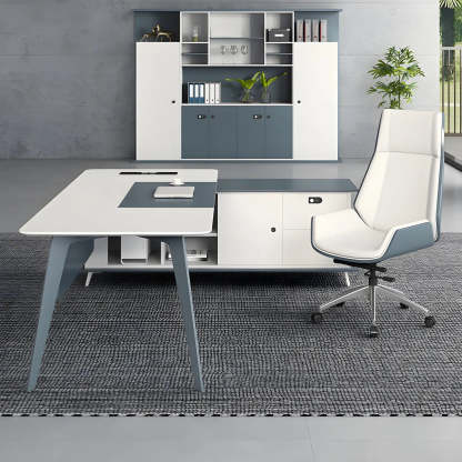 White Wood L-Shape Executive Desk with Cable Management — Table Only