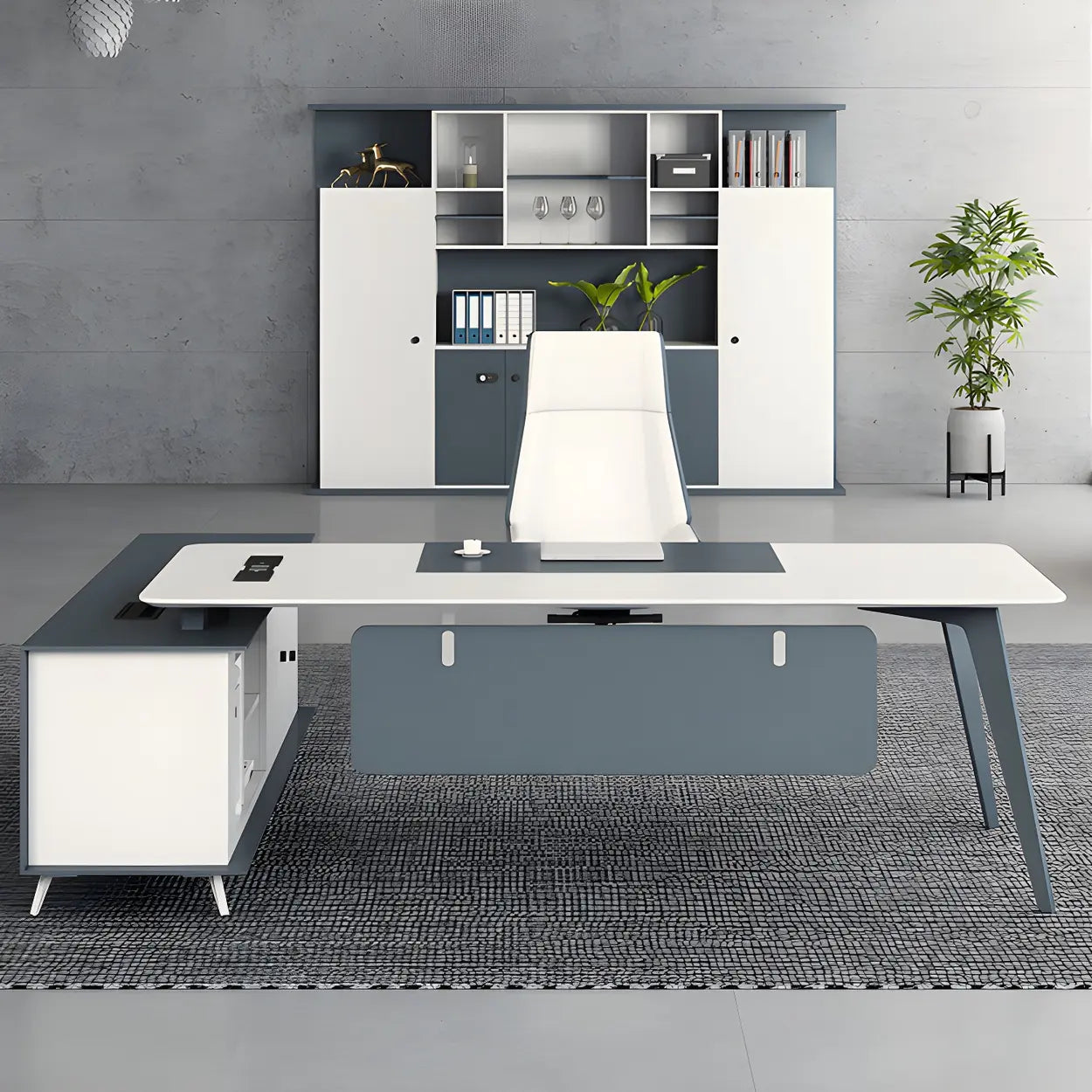 White Wood L-Shape Executive Desk with Cable Management — Table Only
