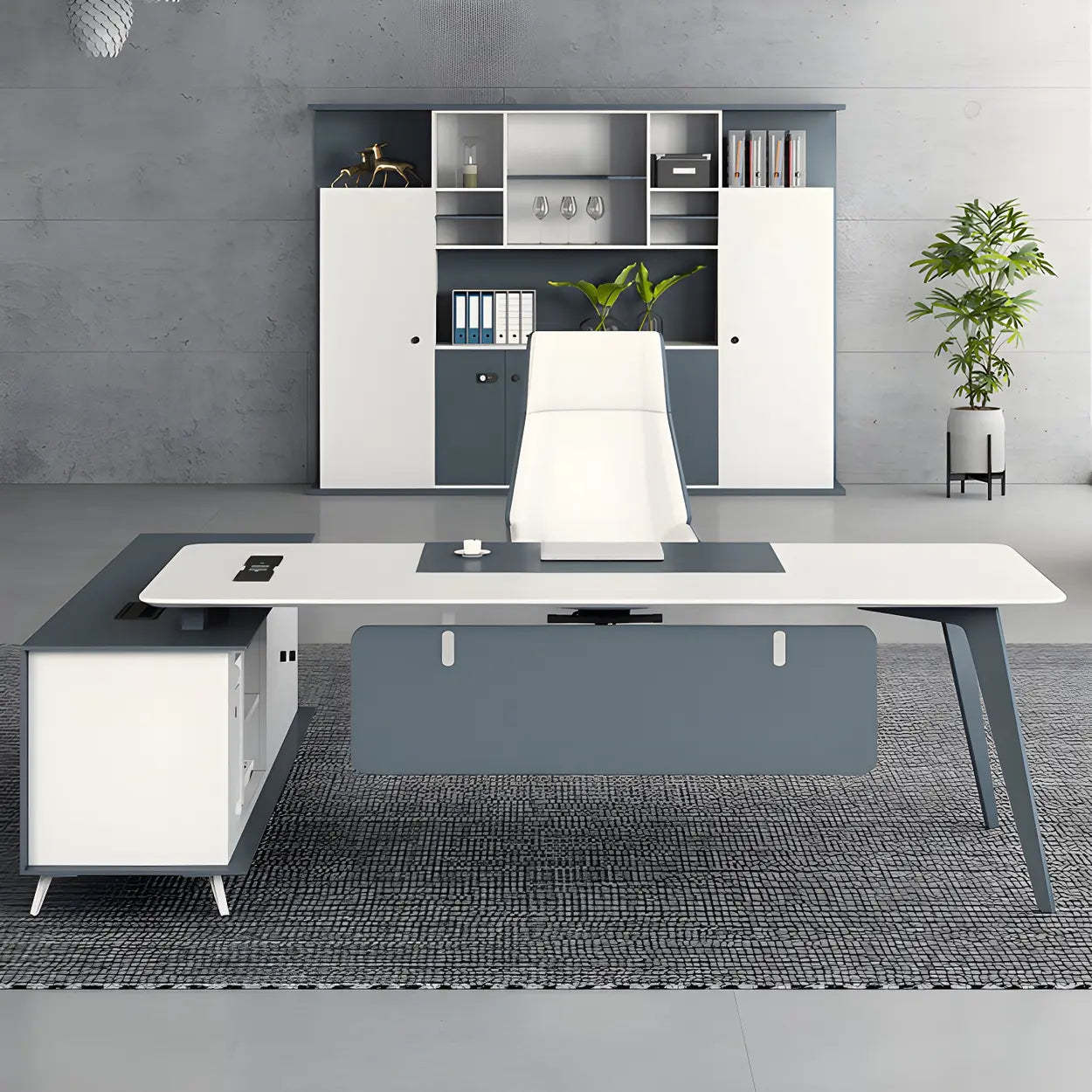 White Wood L-Shape Executive Desk with Cable Management — Table Only