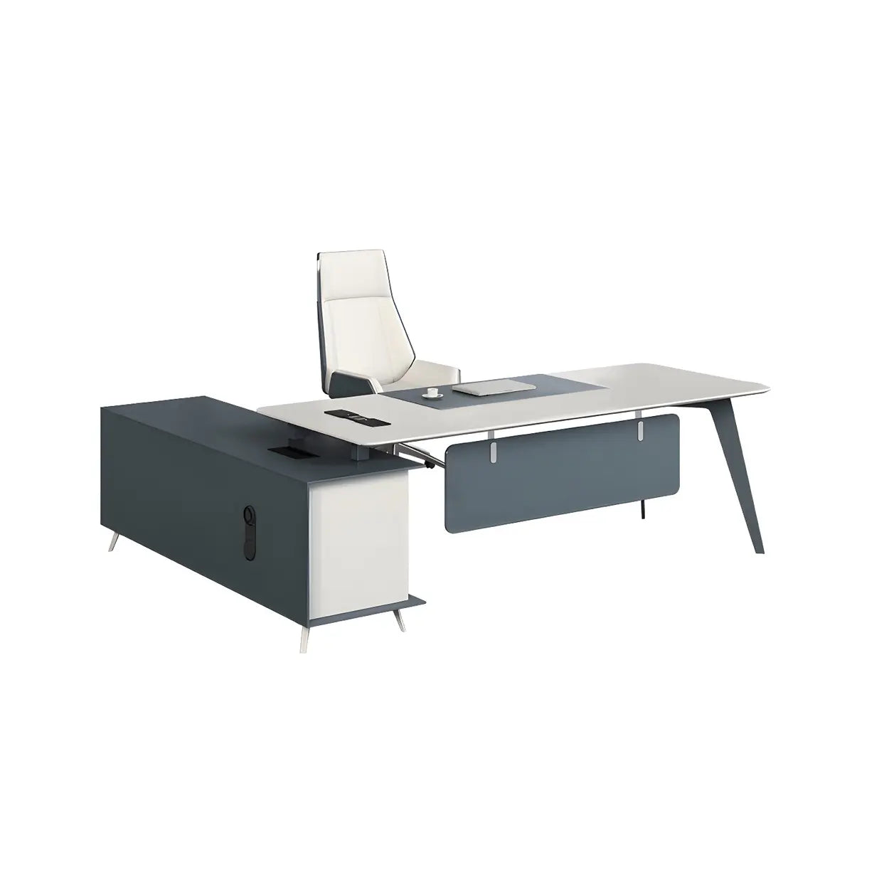 White Wood L-Shape Executive Desk with Cable Management — Table Only