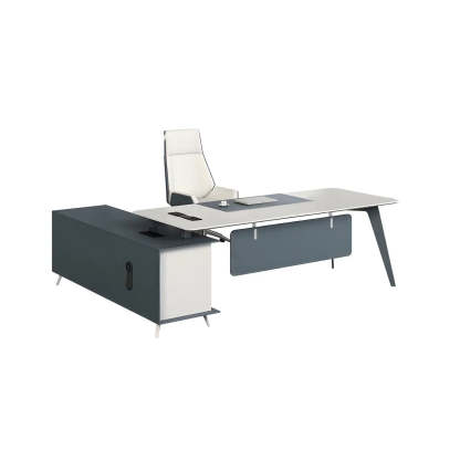 White Wood L-Shape Executive Desk with Cable Management — Table Only