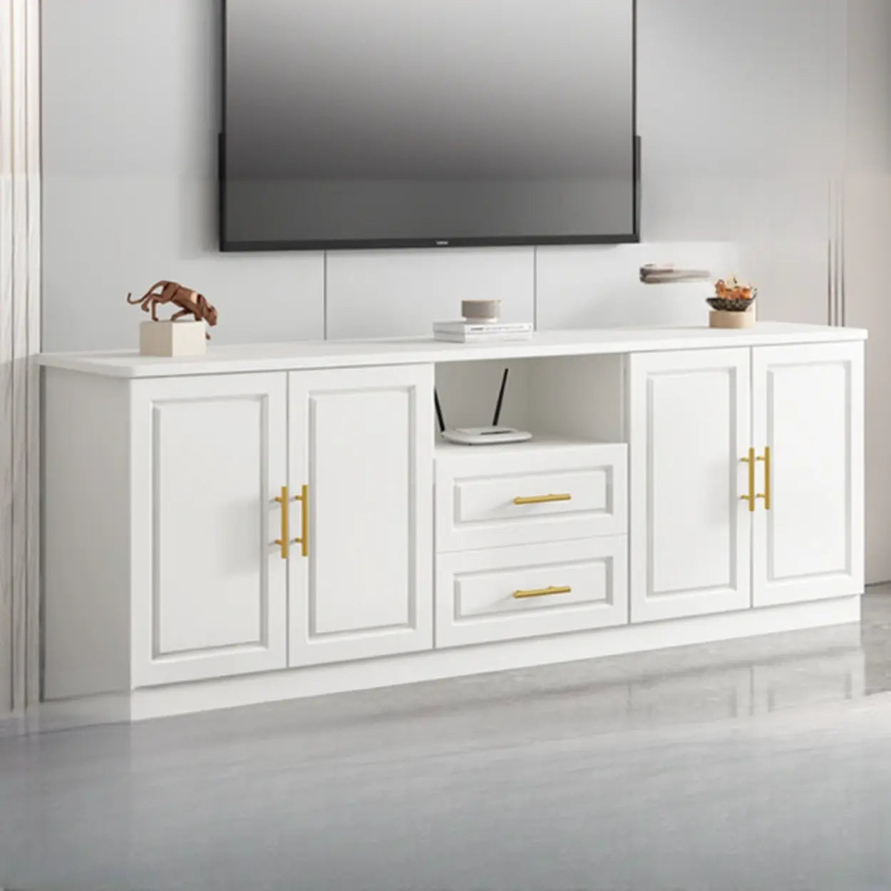 White Wood Open Cabinet Rectangle TV Stand
