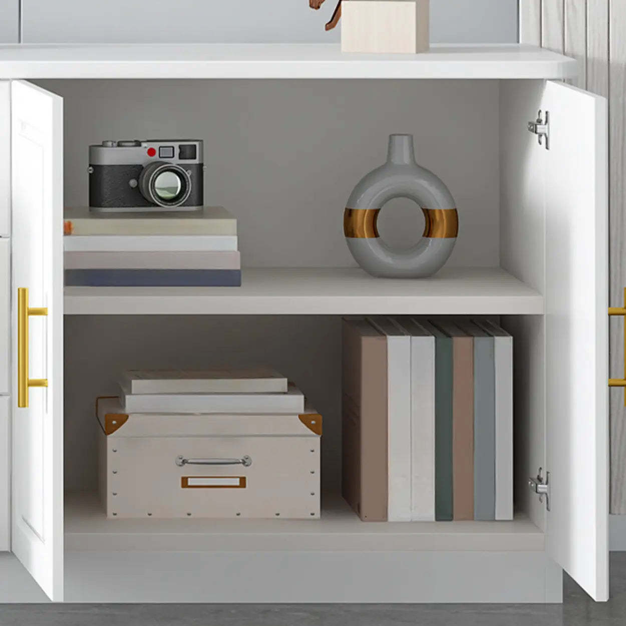 White Wood Open Cabinet Rectangle TV Stand — White-Gray