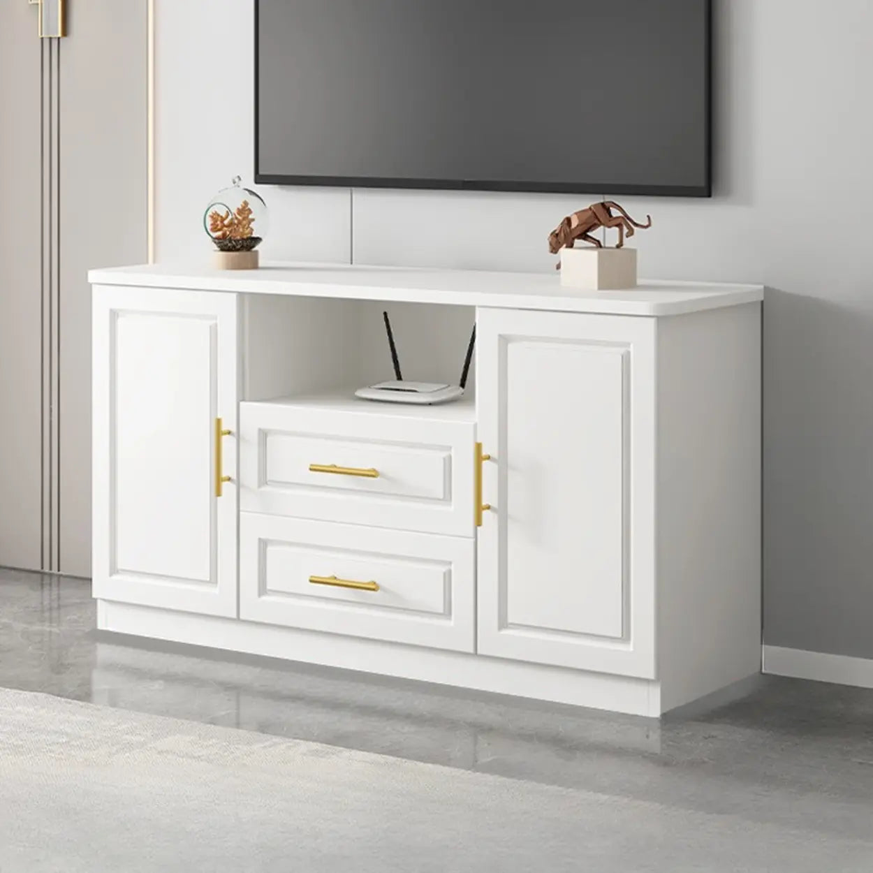 White Wood Open Cabinet Rectangle TV Stand — White/ Wood