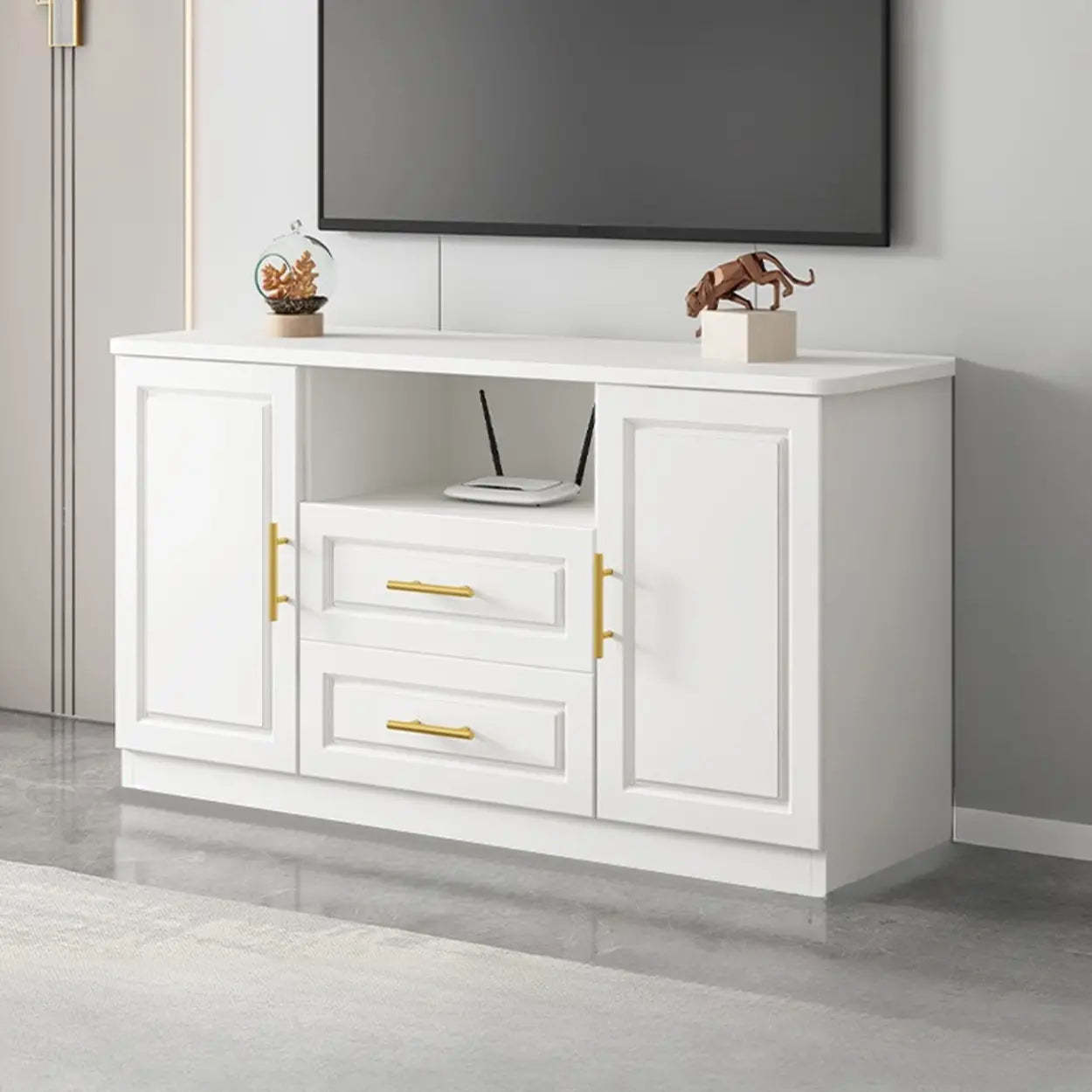 White Wood Open Cabinet Rectangle TV Stand — White/ Wood