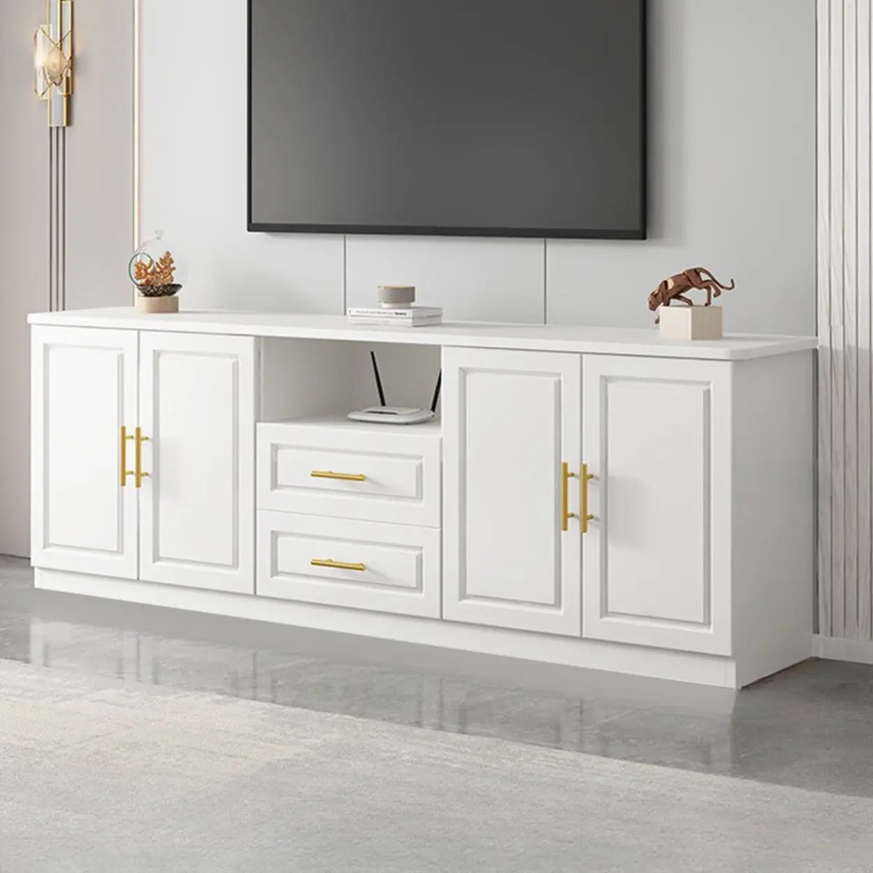 White Wood Open Cabinet Rectangle TV Stand — White/ Wood
