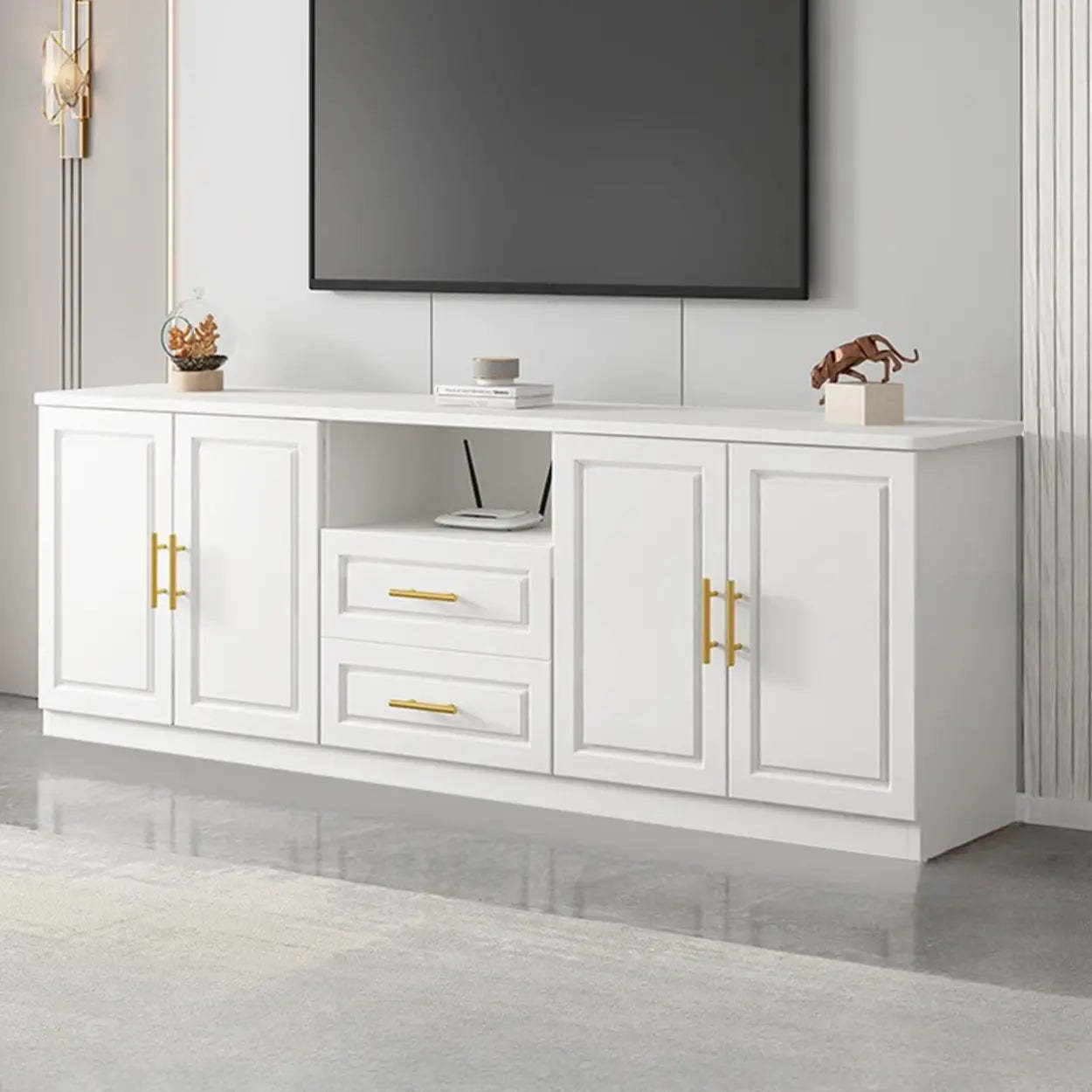 White Wood Open Cabinet Rectangle TV Stand — White/ Wood