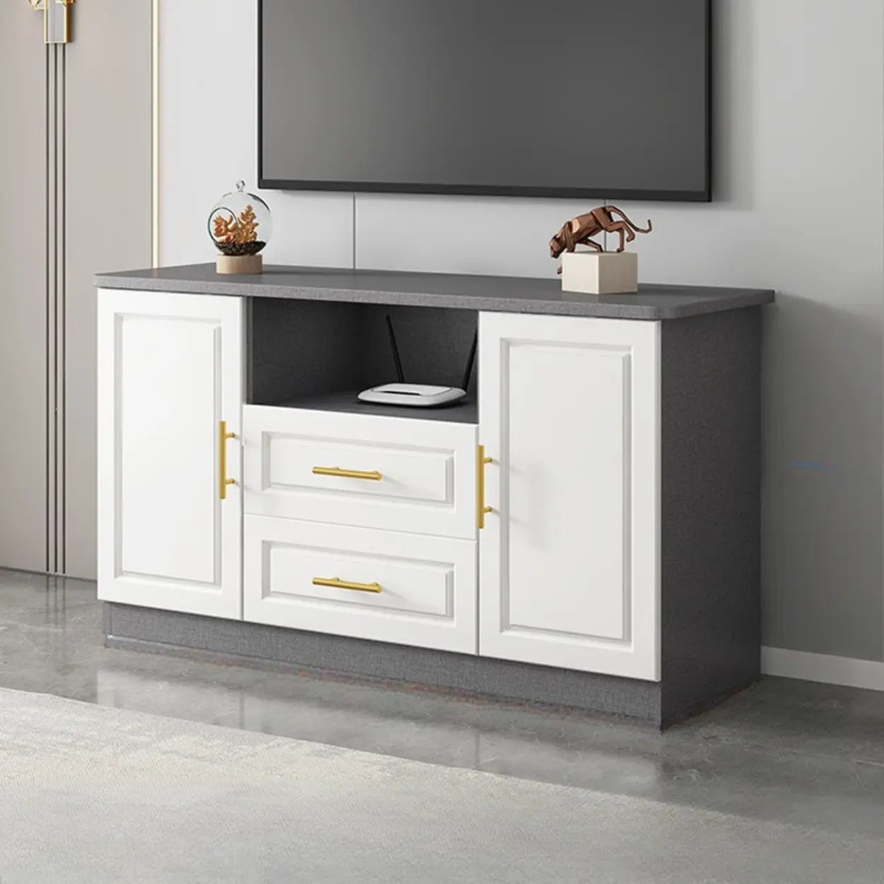 White Wood Open Cabinet Rectangle TV Stand — White