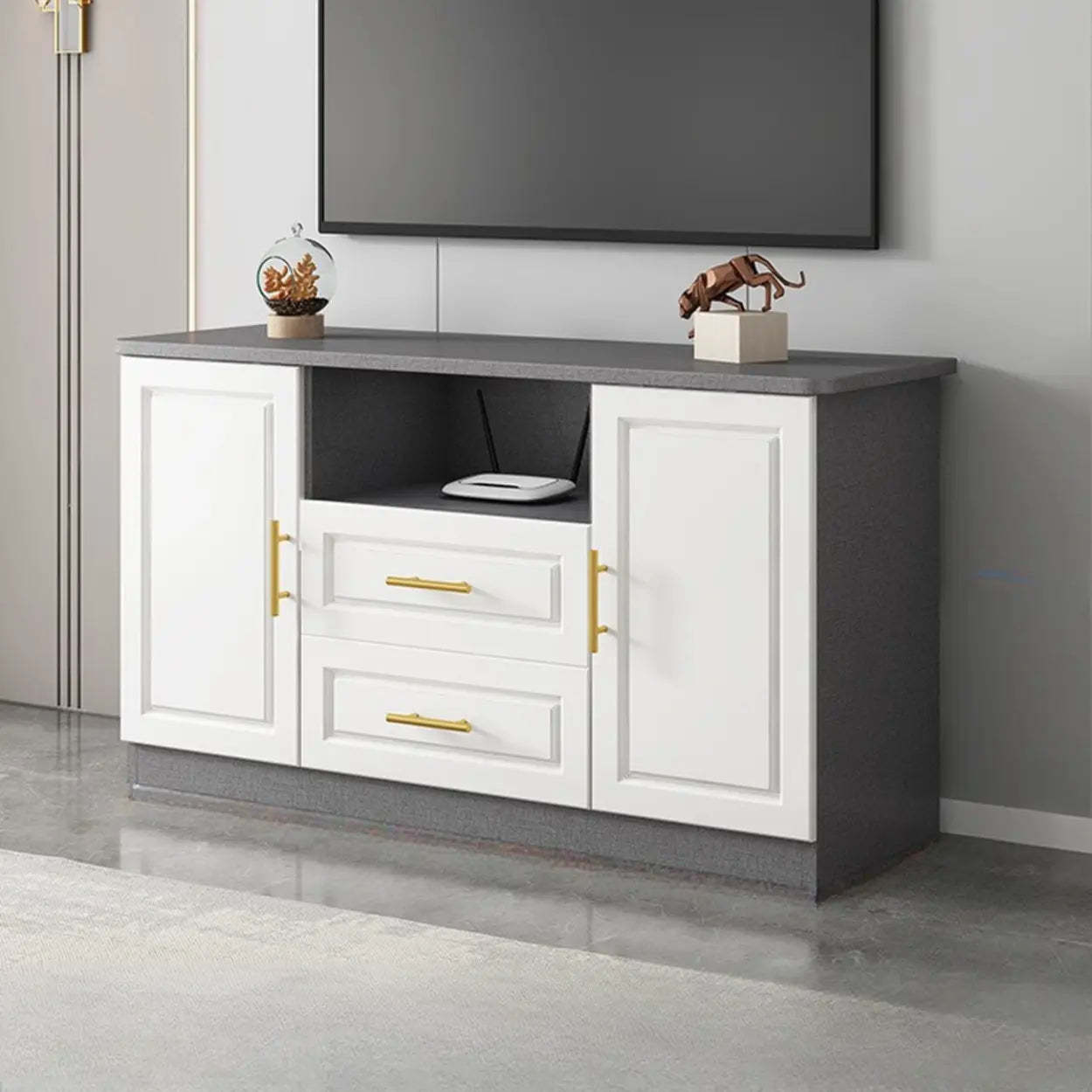 White Wood Open Cabinet Rectangle TV Stand — White