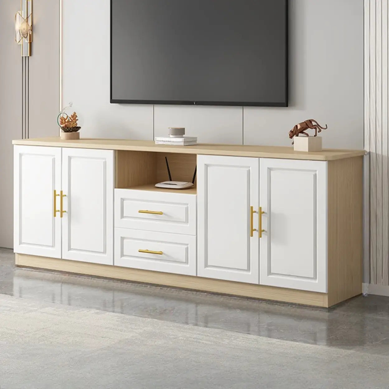 White Wood Open Cabinet Rectangle TV Stand — White