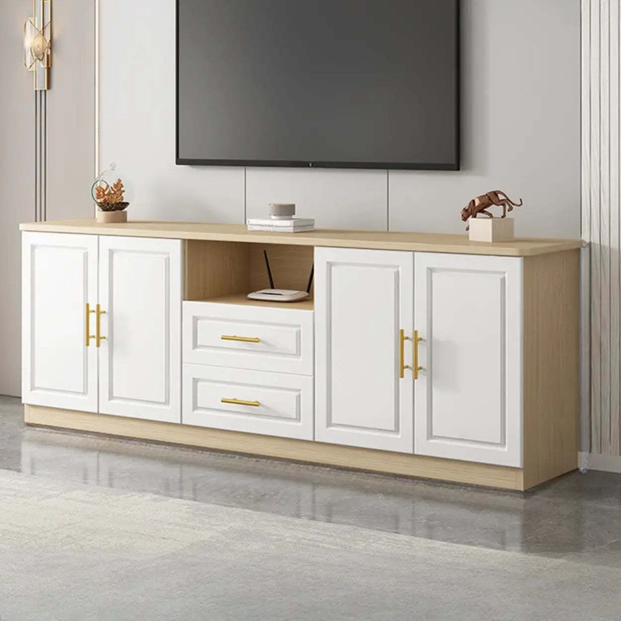 White Wood Open Cabinet Rectangle TV Stand — White