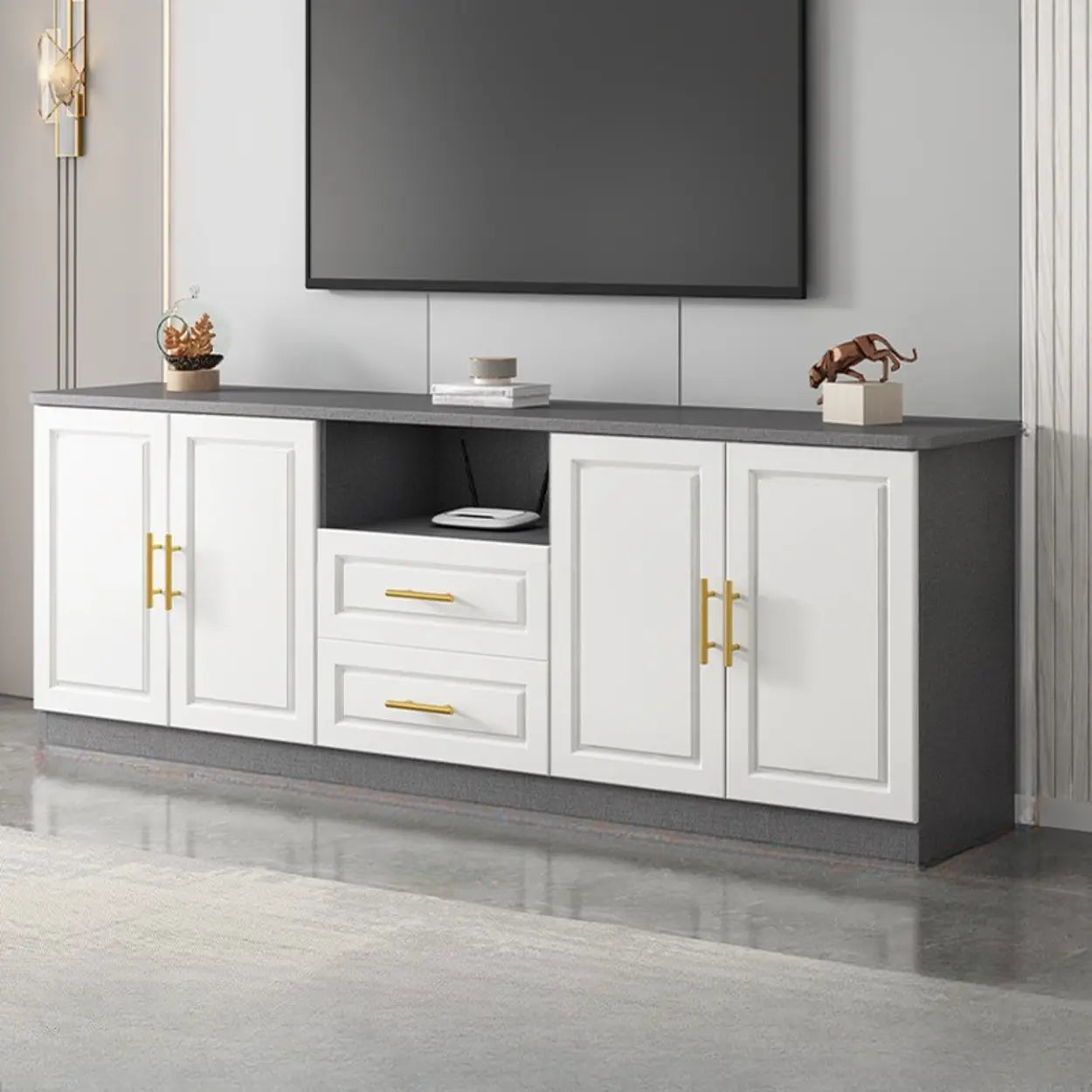 White Wood Open Cabinet Rectangle TV Stand — White