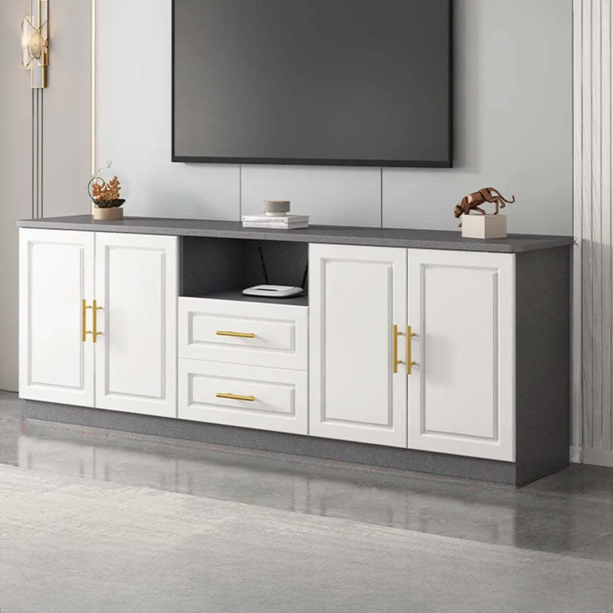 White Wood Open Cabinet Rectangle TV Stand — White