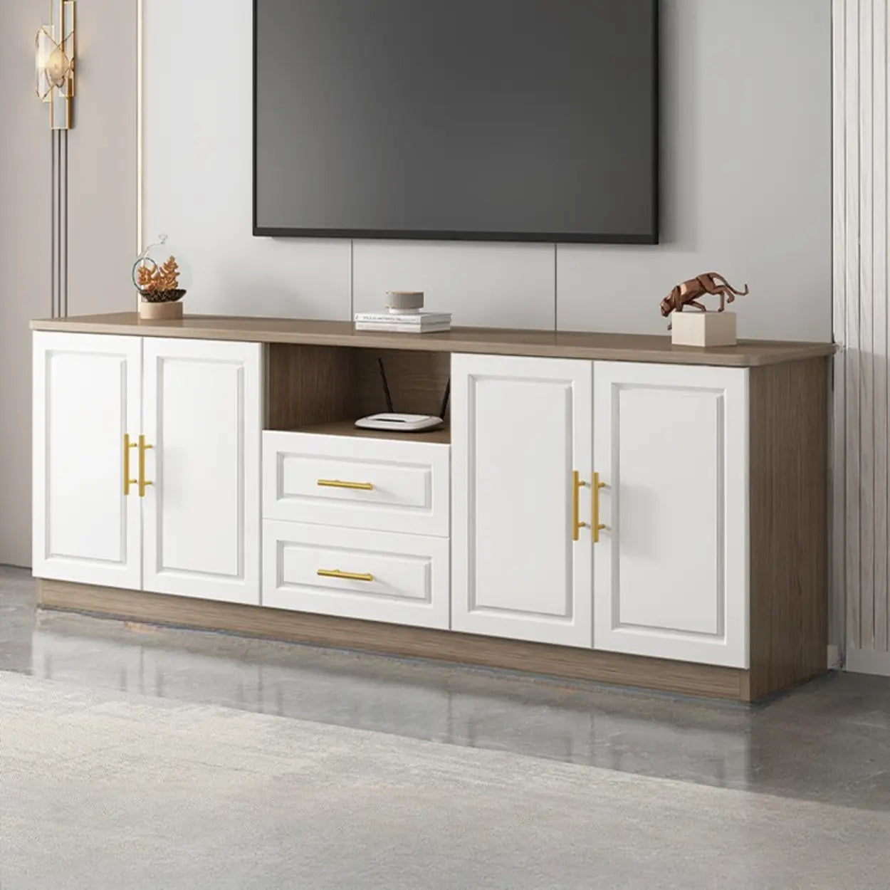 White Wood Open Cabinet Rectangle TV Stand — White