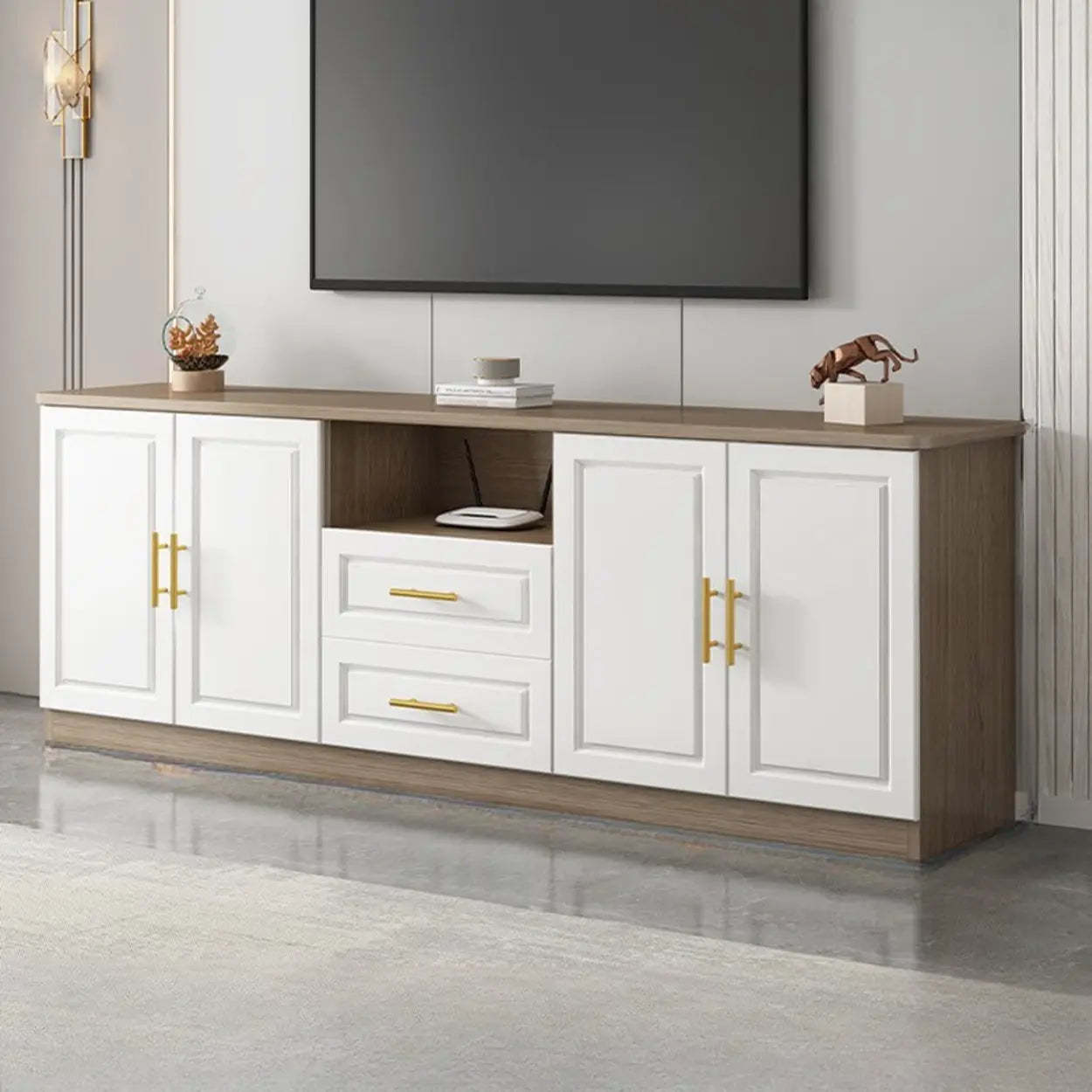 White Wood Open Cabinet Rectangle TV Stand — White