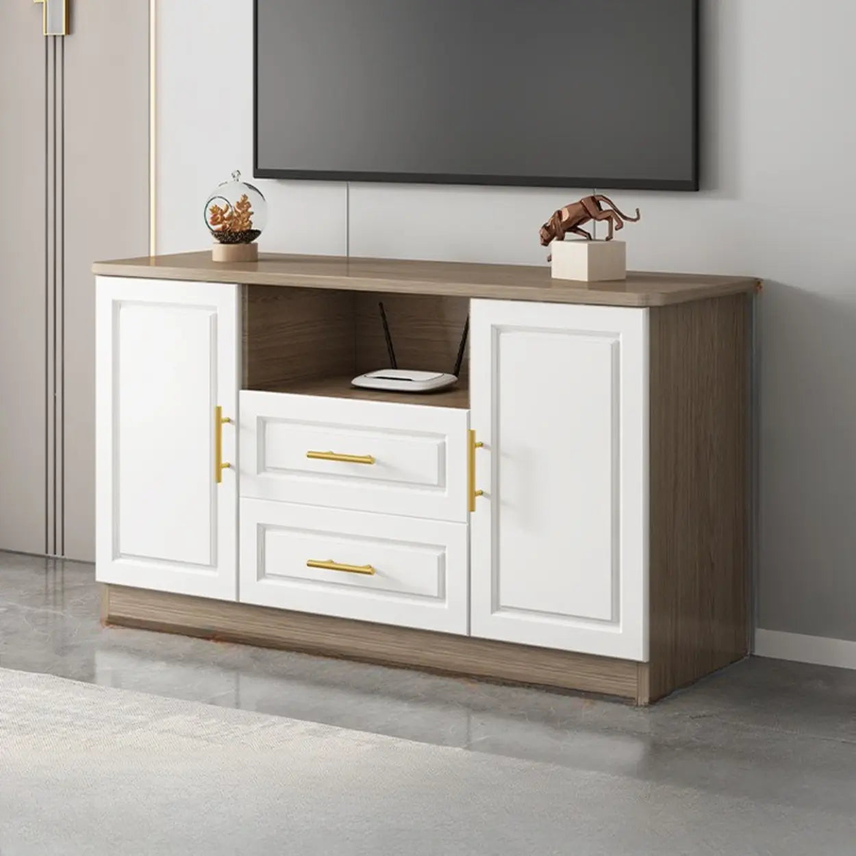 White Wood Open Cabinet Rectangle TV Stand — White