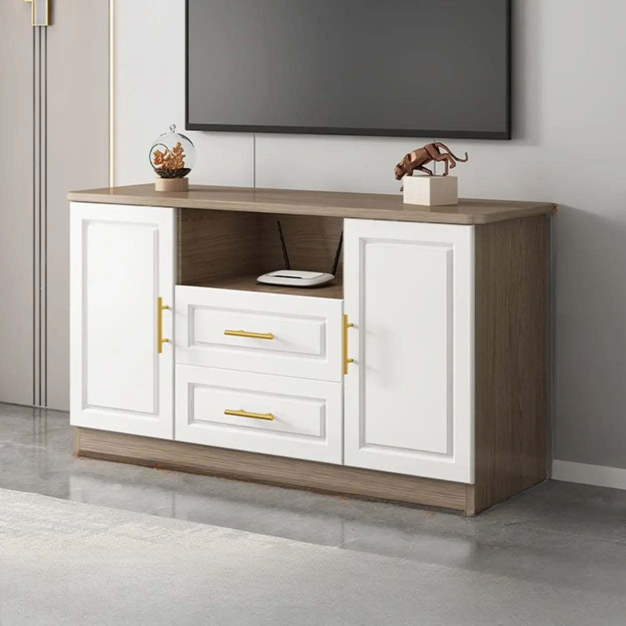 White Wood Open Cabinet Rectangle TV Stand — White
