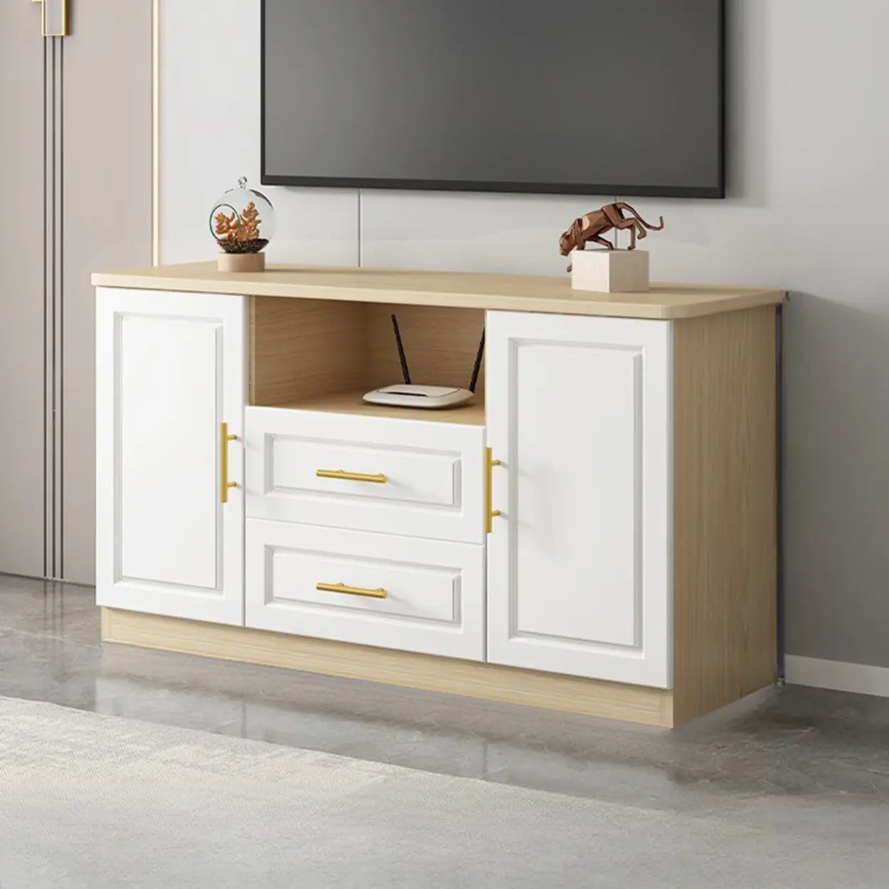 White Wood Open Cabinet Rectangle TV Stand — White-Gray