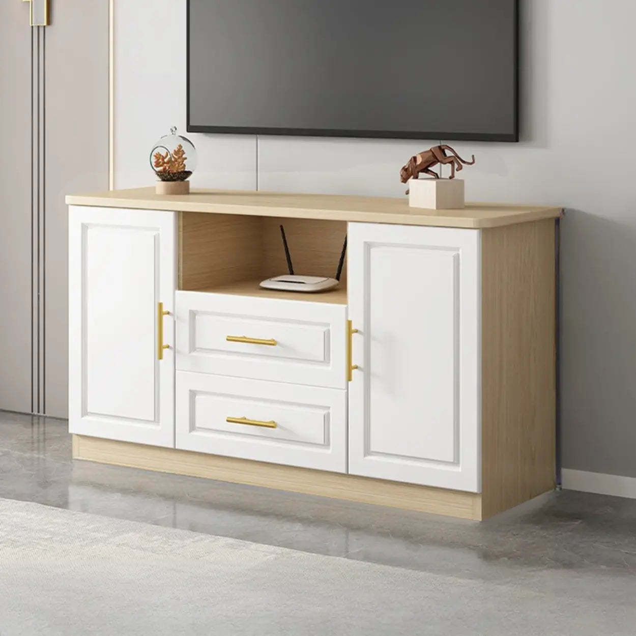 White Wood Open Cabinet Rectangle TV Stand — White-Gray
