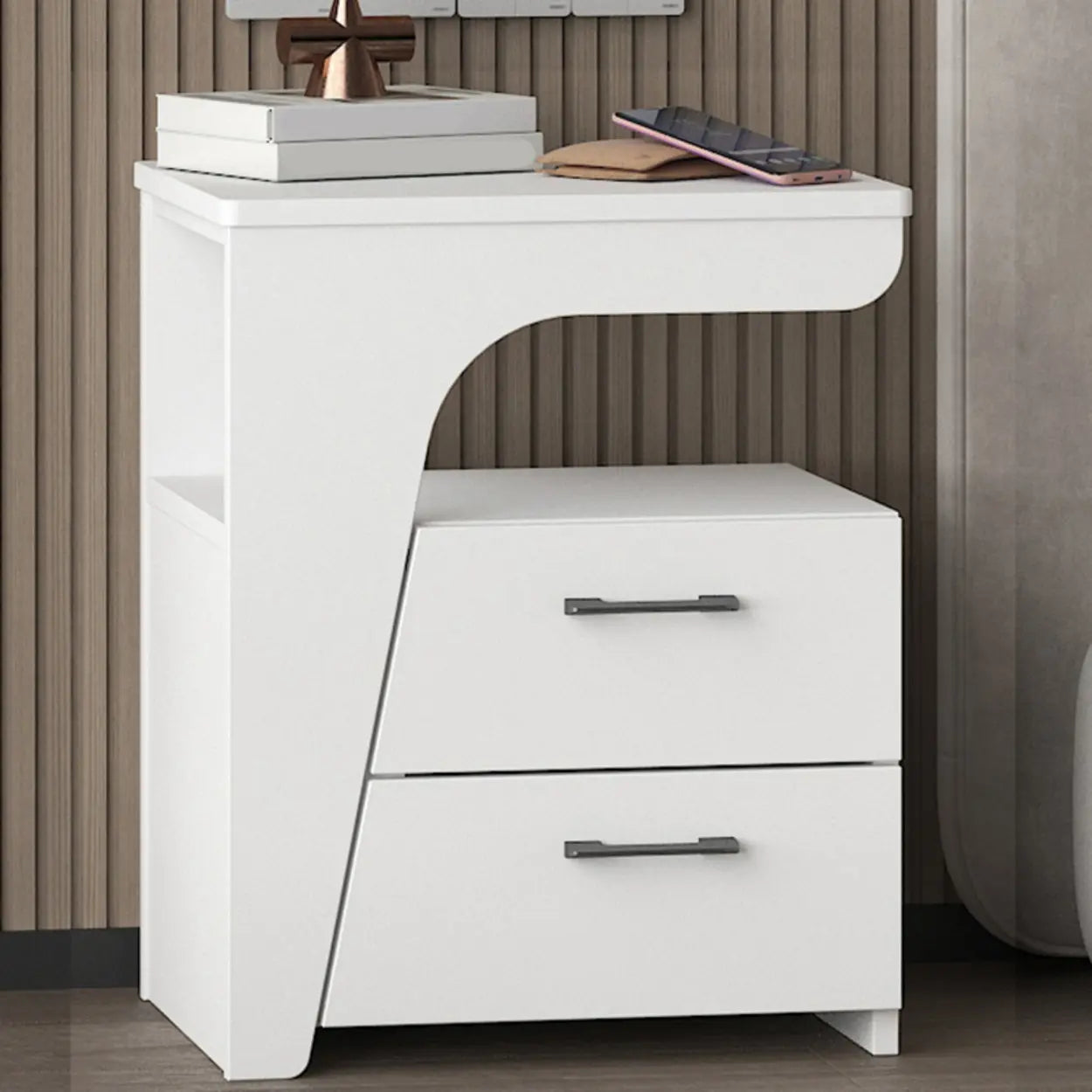 White Wood Nightstand with 2 Drawers and Shelf