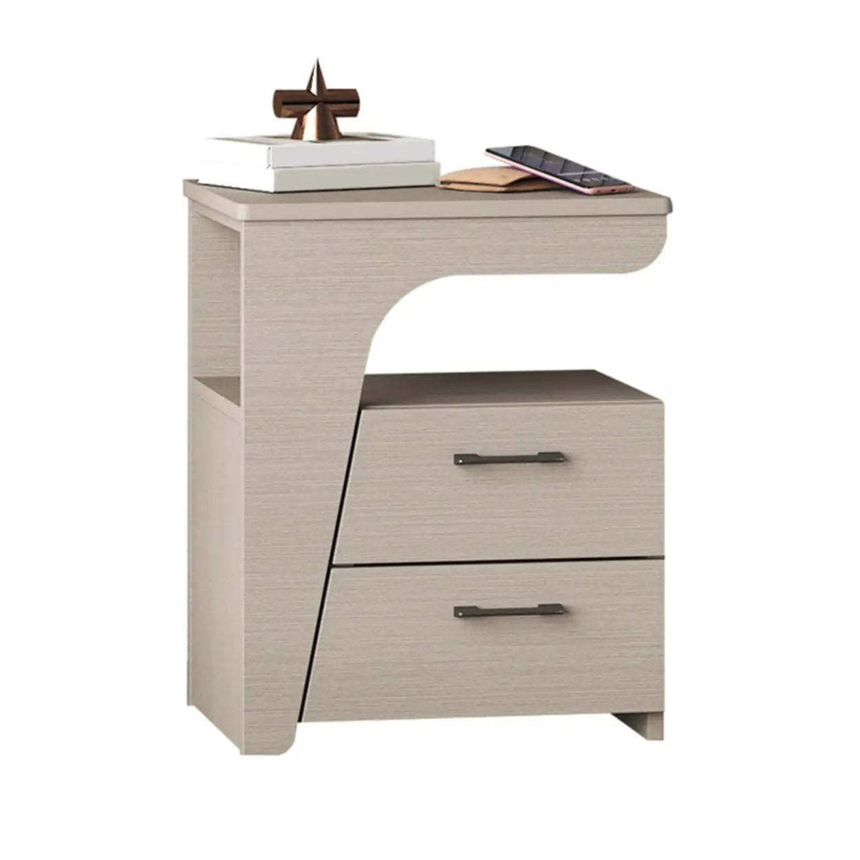White Wood Nightstand with 2 Drawers and Shelf — Light Khaki / Right