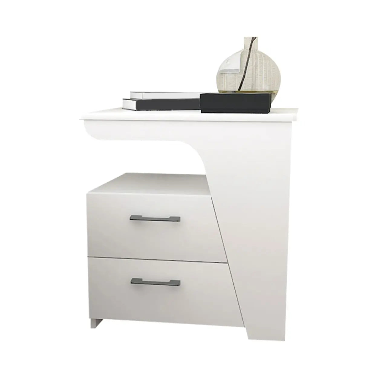 White Wood Nightstand with 2 Drawers and Shelf
