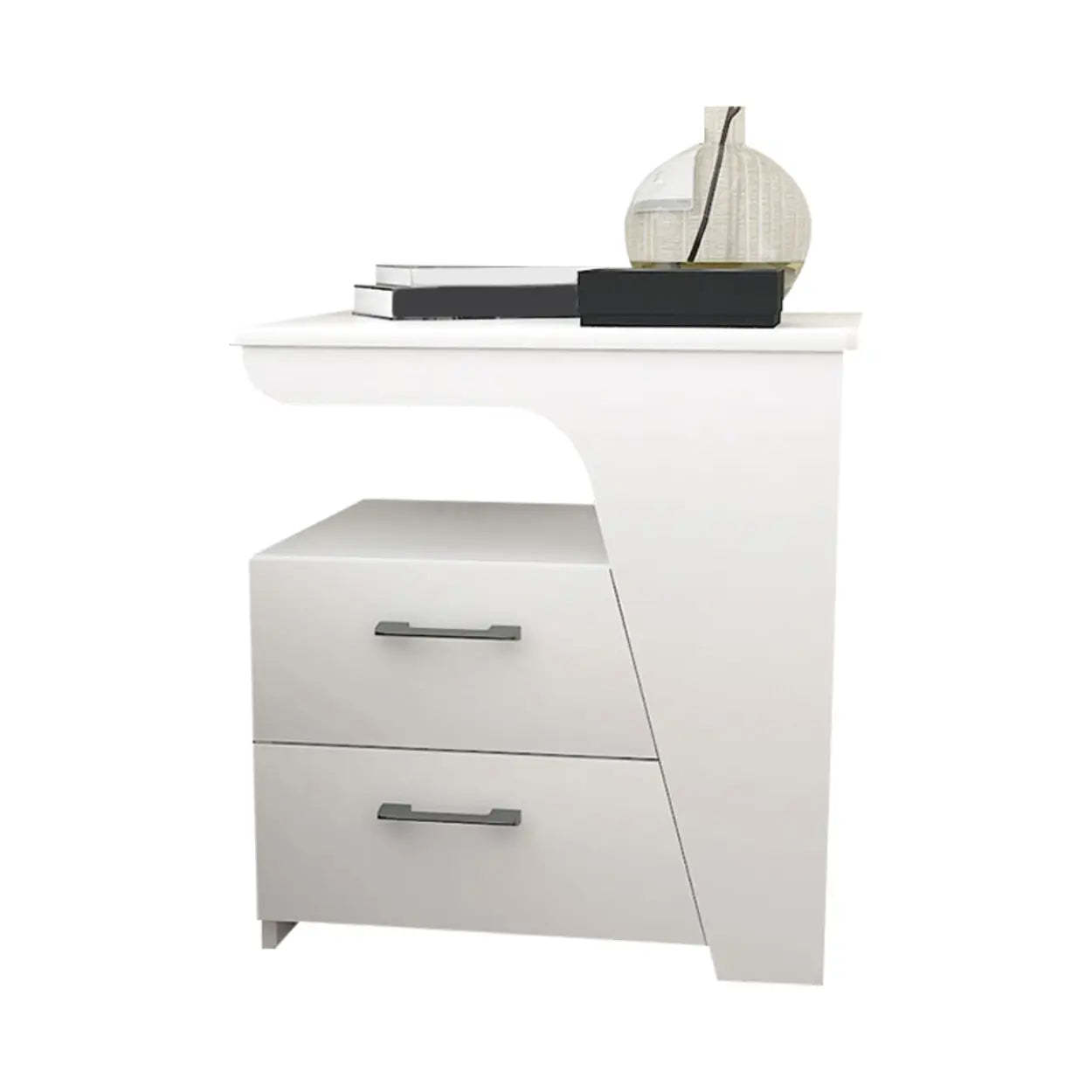 White Wood Nightstand with 2 Drawers and Shelf
