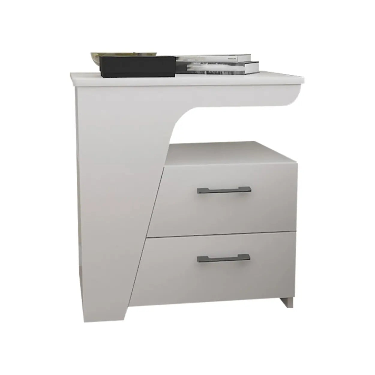White Wood Nightstand with 2 Drawers and Shelf