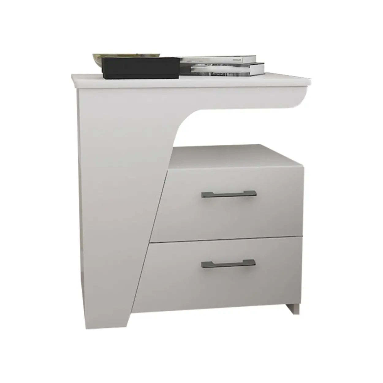 White Wood Nightstand with 2 Drawers and Shelf
