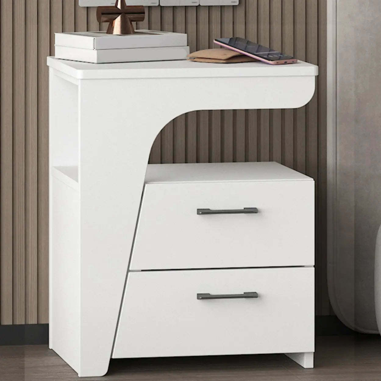 White Wood Nightstand with 2 Drawers and Shelf — White / Left