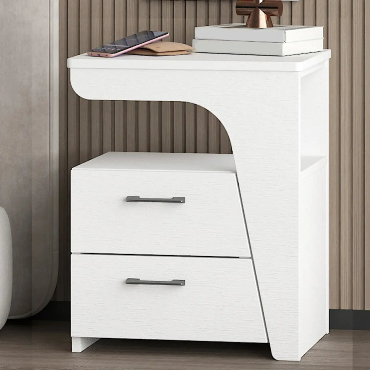 White Wood Nightstand with 2 Drawers and Shelf — White Inner / Left