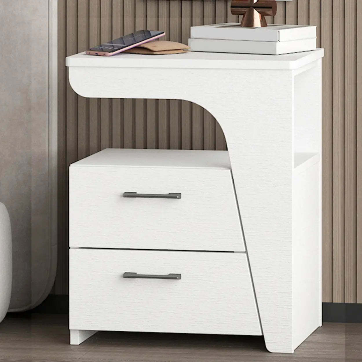 White Wood Nightstand with 2 Drawers and Shelf — White Inner / Left