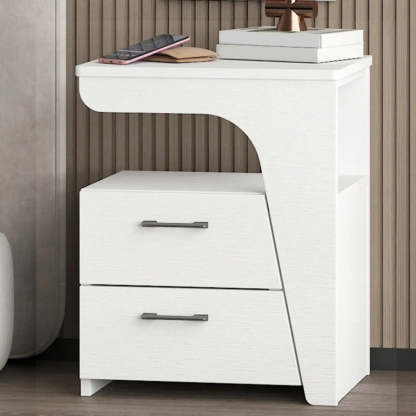 White Wood Nightstand with 2 Drawers and Shelf — White Inner / Left