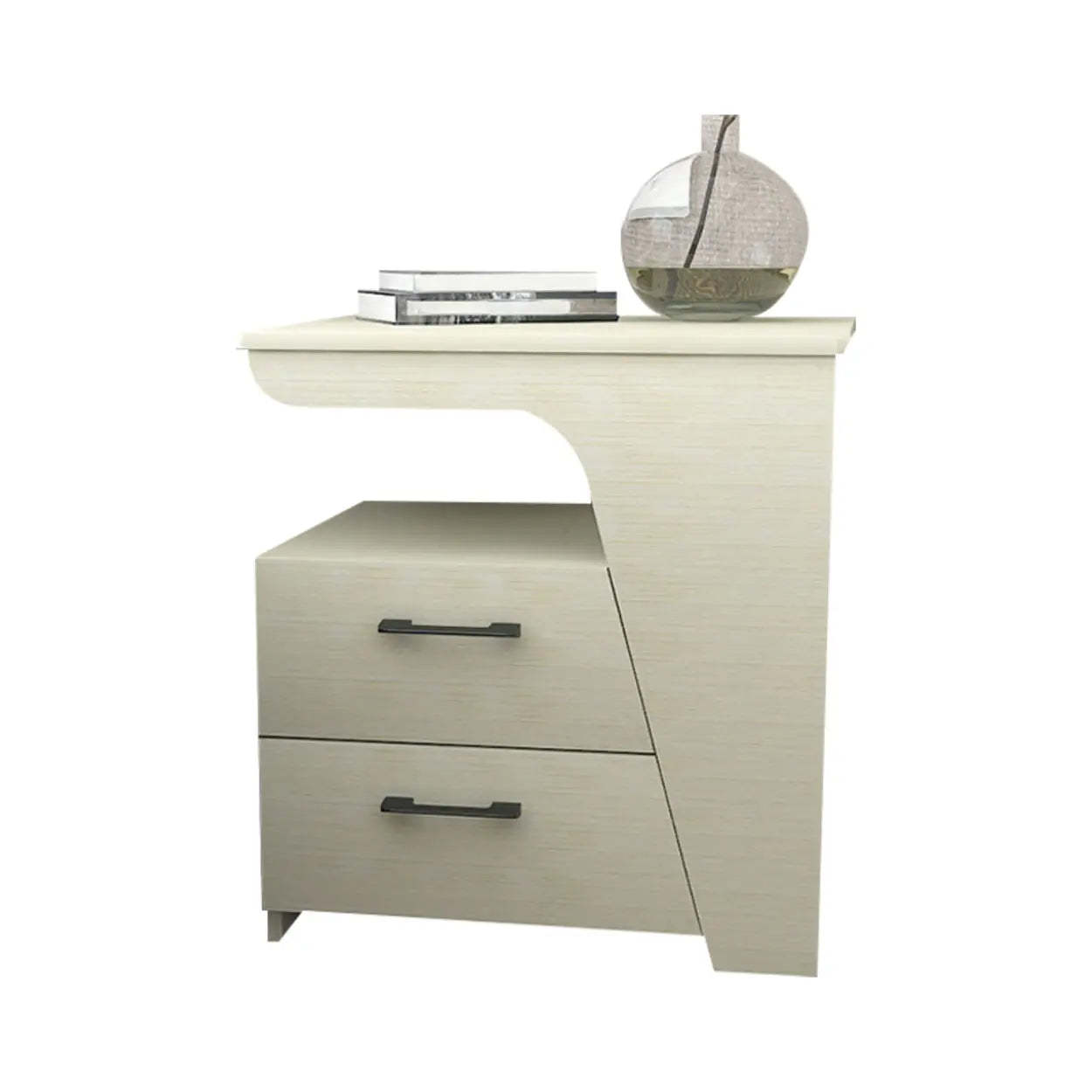 White Wood Nightstand with 2 Drawers and Shelf — Beige / Left