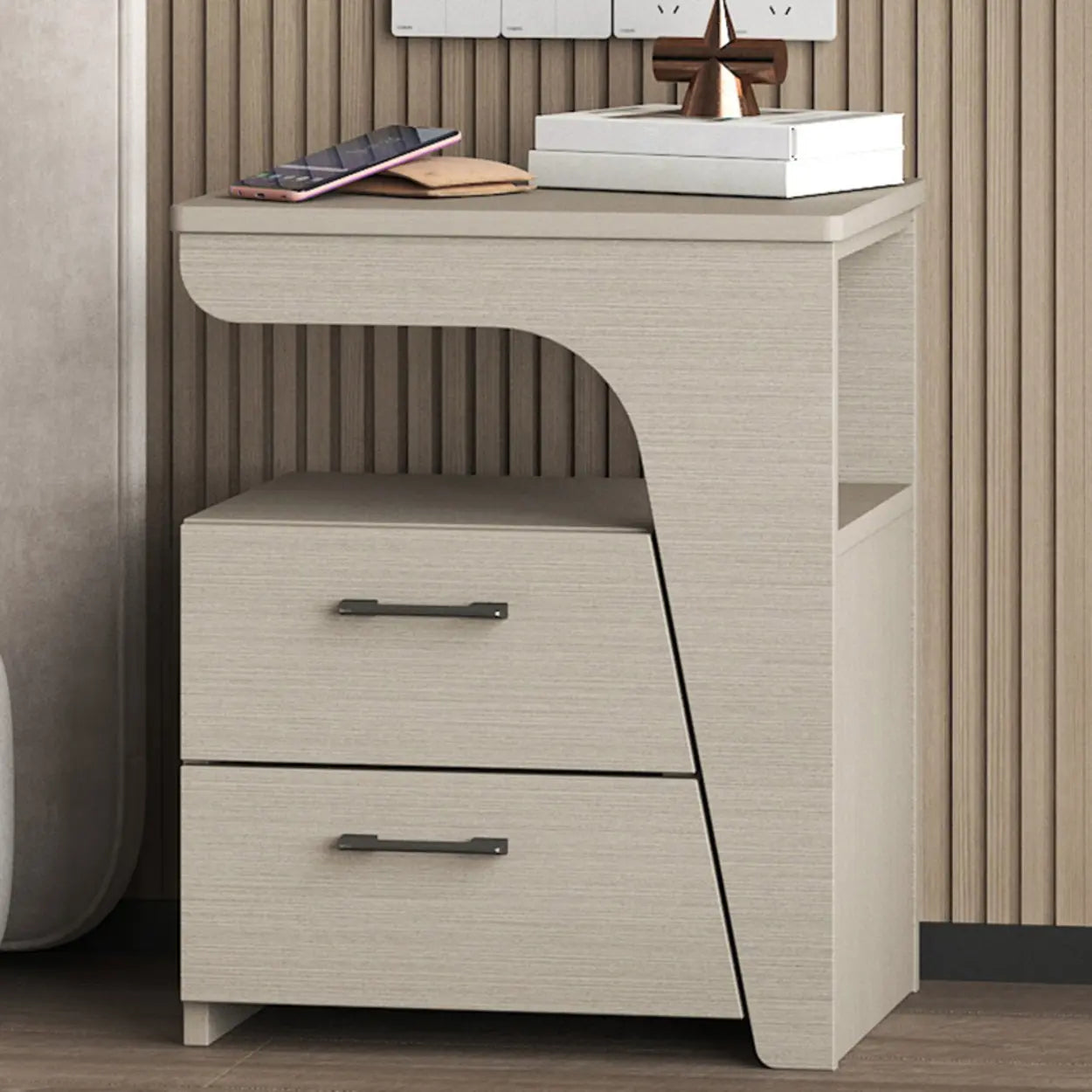 White Wood Nightstand with 2 Drawers and Shelf — Beige / Right